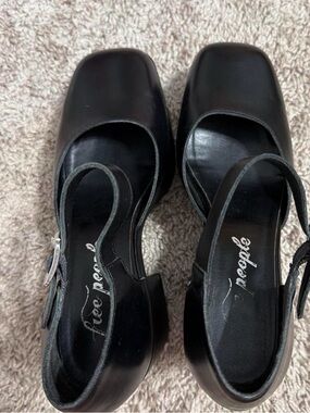 Free People Black Square-Toe Mary Jane Heels with Ankle Strap